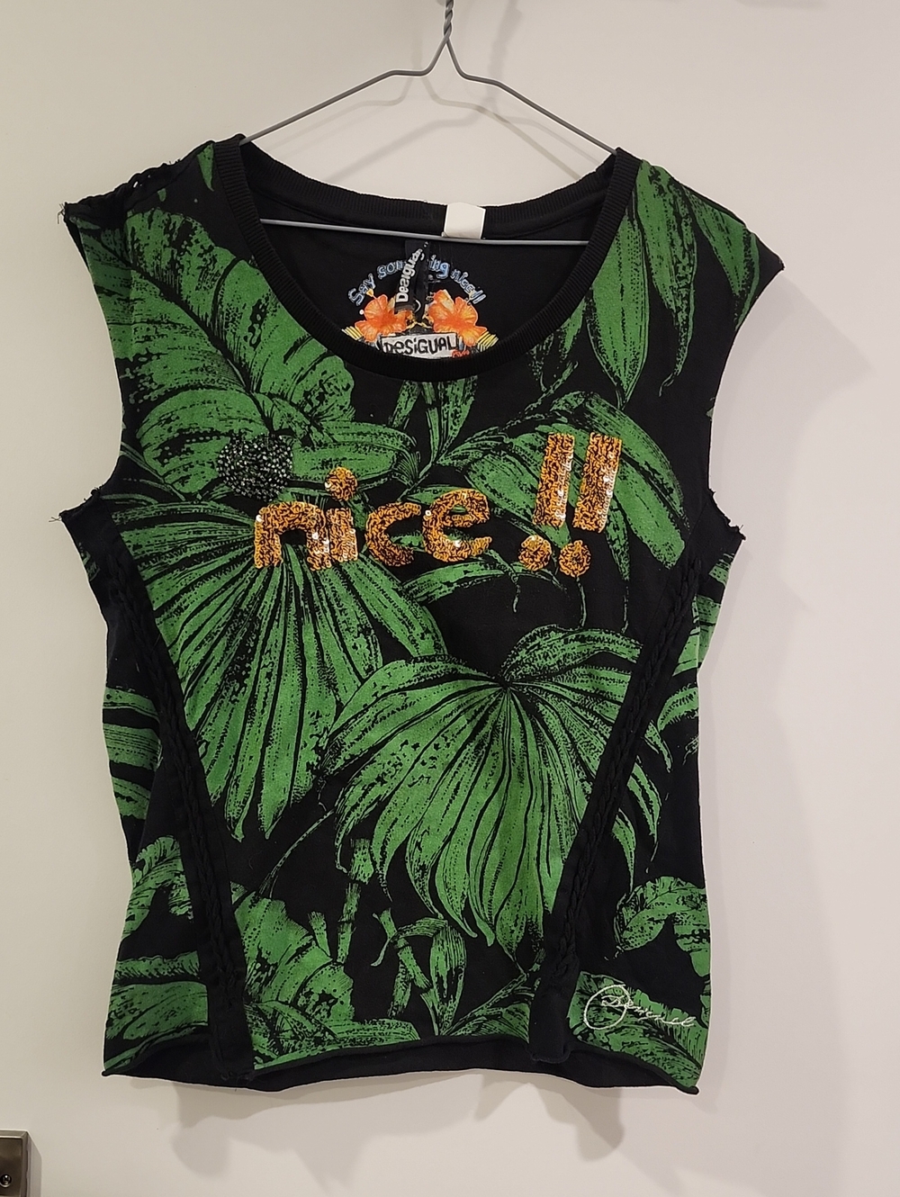P2P 19" Desigual Women’s Black & Green Tropical Sequin 'nice!!' Tank Top